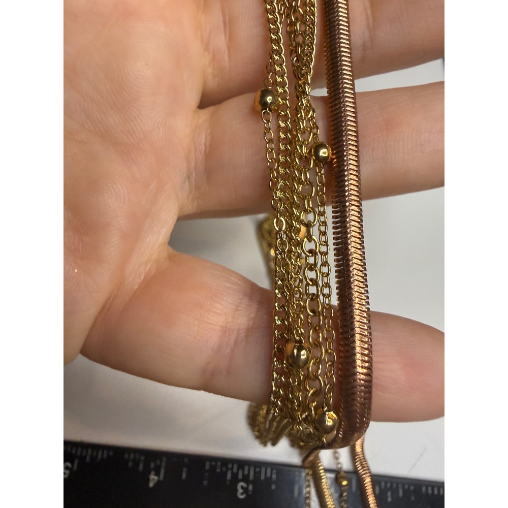 Gold Tone Multi Strand Layered Necklace Beaded Cable and Snake Chain Statement